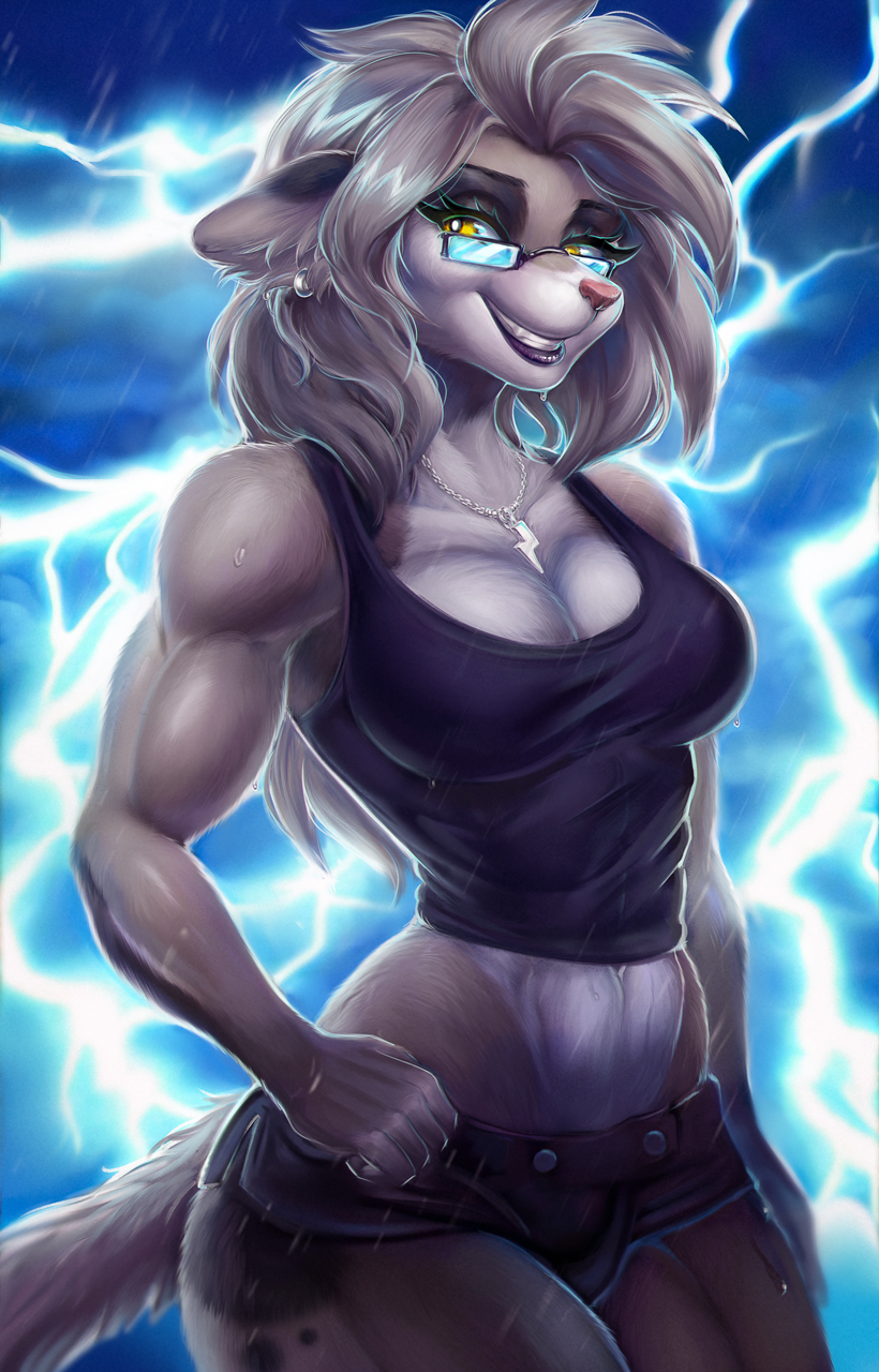 2023 anthro black_nose blue_eyes bottomwear breasts butt clothed clothing colored colorful detailed digital_drawing_(artwork) digital_media_(artwork) digital_painting_(artwork) ear_piercing electricity eyewear female fur glasses glowing hair half-length_portrait hi_res light lighting lightning looking_at_viewer mammal muscular muscular_female piercing pink_nose portrait rizonik shaded short_hair shorts simple_background sketch smile soft_shading solo sportswear tail tan_body tan_fur three-quarter_portrait wet wet_body wet_clothing white_body yellow_eyes