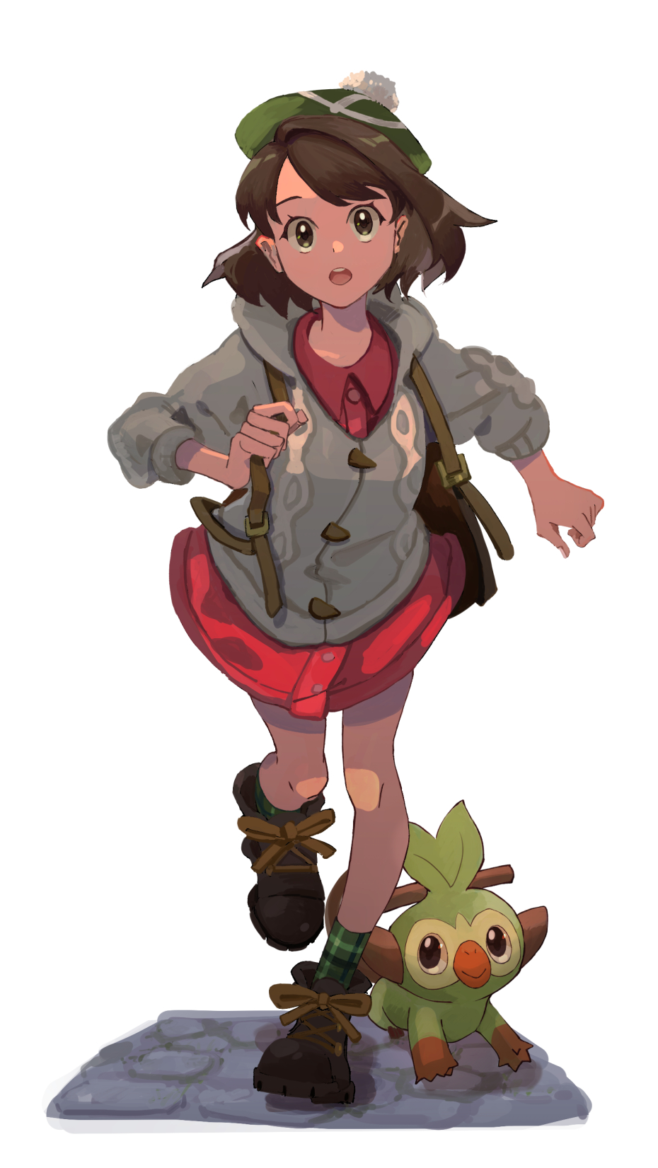 1girl :o backpack bag bob_cut boots brown_bag brown_eyes brown_footwear brown_hair buttons cable_knit cardigan collared_dress commentary_request dress gloria_(pokemon) green_headwear green_socks grey_cardigan grookey hat highres holding_strap hooded_cardigan isaka_(221175) knees leg_up looking_at_viewer open_mouth pink_dress plaid_socks pokemon pokemon_(creature) pokemon_(game) pokemon_swsh short_hair socks standing standing_on_one_leg tam_o'_shanter teeth tongue upper_teeth_only white_background