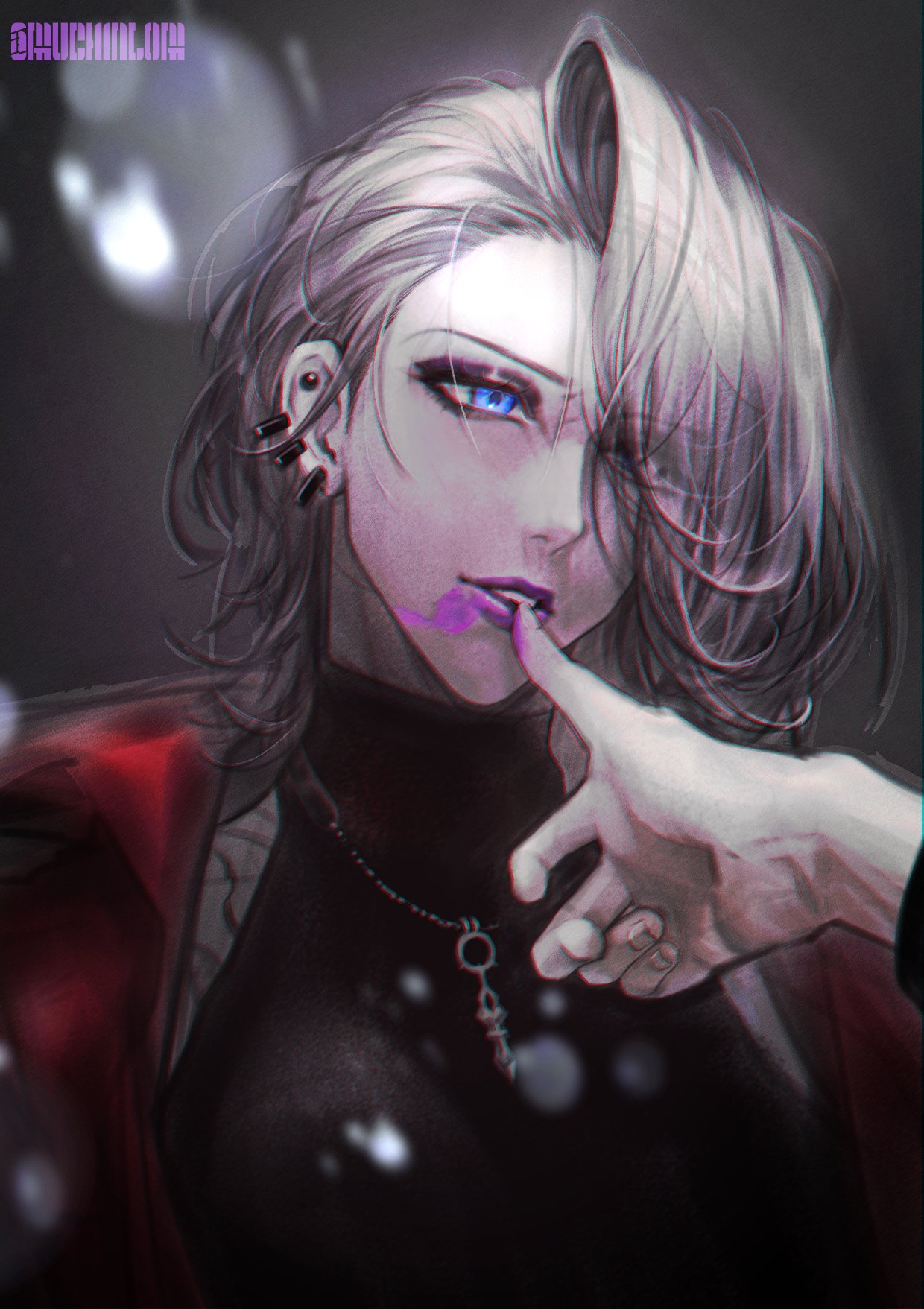 1girl 1other blue_eyes chilom earrings fingernails gradient_background grey_hair hair_between_eyes hair_over_one_eye highres jewelry lipstick makeup necklace parted_lips path_to_nowhere purple_lips simple_background solo_focus upper_body zouya_(path_to_nowhere)