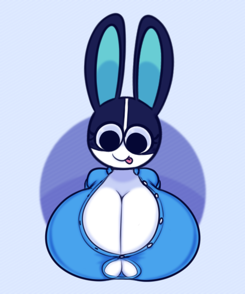 animal_crossing anthro big_breasts black_body black_fur breasts cleavage clothed clothing dewy-eyedboy dotty_(animal_crossing) female fur huge_breasts hyper hyper_breasts lagomorph leporid mammal nintendo rabbit smile solo tongue tongue_out white_body white_fur