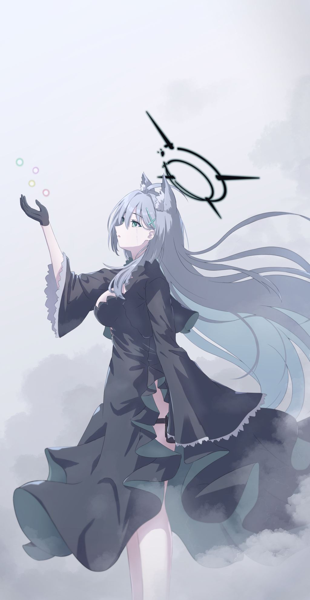 1girl animal_ear_fluff animal_ears arm_up bangs black_dress black_gloves blue_archive breasts commentary_request dress gloves green_eyes grey_background grey_hair hair_between_eyes halo highres long_hair long_sleeves looking_away medium_breasts parted_lips shiroko_(terror)_(blue_archive) solo synn032 very_long_hair wide_sleeves