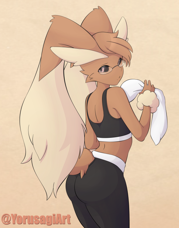 anthro arm_tuft big_ears bottomwear brown_body brown_fur butt clothing crop_top eyewear fur generation_4_pokemon girly glasses lagomorph long_ears lopunny male mammal nintendo pants pokemon pokemon_(species) shirt solo topwear towel tuft workout_clothing wrist_tuft yoga_pants yorusagi