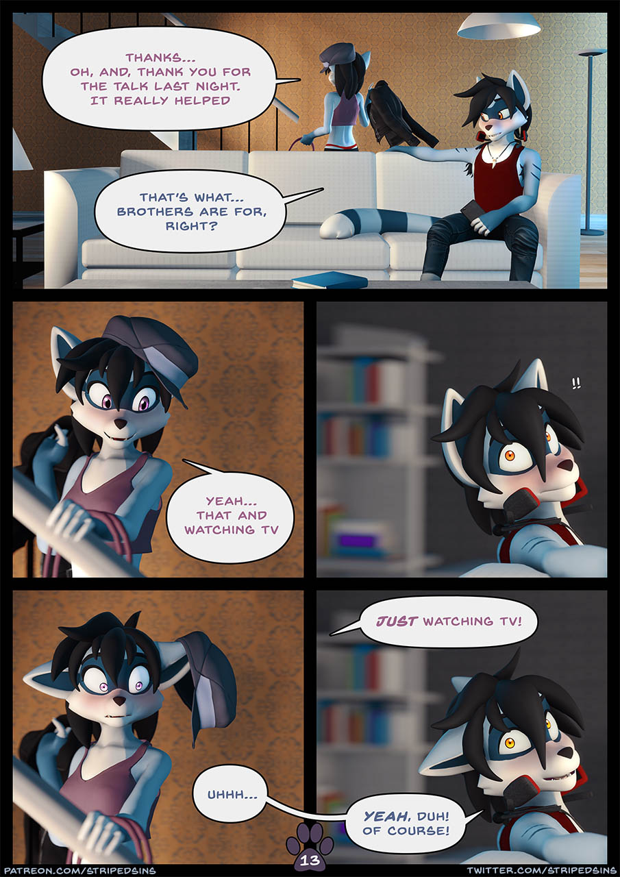3d_(artwork) anthro armpit_hair armpit_tuft blue_body blue_fur blush blushing_profusely body_hair bomber_jacket book bottomwear brother brother_and_sister clothed clothing comic crop_top dialogue digital_media_(artwork) door duo english_text felix_(striped_sins) female fur fur_markings furniture hat headgear headphones headphones_around_neck headwear hi_res jacket jewelry living_room male mammal markings necklace orange_eyes pants procyonid purple_eyes purse raccoon ryder_(striped_sins) shark_tooth_necklace shirt sibling sister sofa speech_bubble striped_markings striped_sins striped_tail stripes tail tail_markings tank_top text thong_straps topwear url willitfit