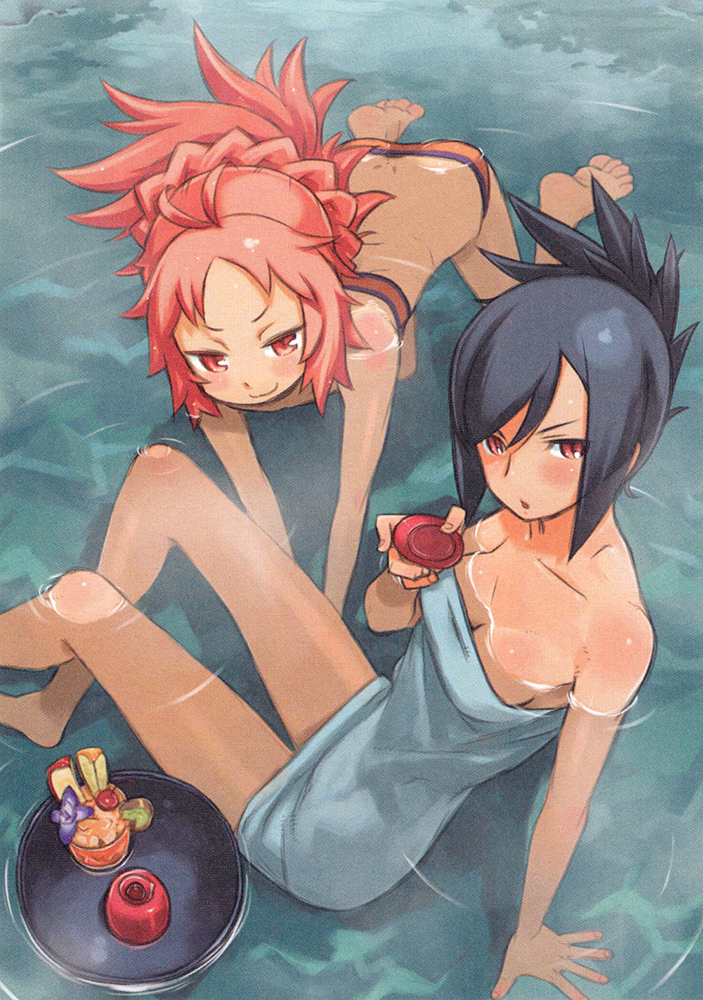 2girls :3 :o age_difference alcohol all_fours alternate_costume alternate_hairstyle antenna_hair apple arm_support bandeau barefoot bikini black_hair blush braid breasts cherry cleavage cup dimples_of_venus drink feet flat_chest folded_ponytail food french_braid from_above fruit hair_up holding kiyora_(sacred_blaze) kuroboshi_kouhaku lime_(fruit) looking_at_viewer medium_breasts multiple_girls naked_towel non-web_source official_art onsen open_mouth orange_(fruit) partially_submerged pink_eyes pink_hair red_eyes sacred_blaze sakazuki sake scan shamana_(sacred_blaze) short_hair sitting small_breasts smile steam swept_bangs swimsuit towel tray tropical_drink v_arms water
