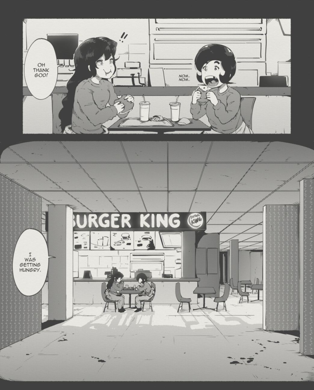 2girls backrooms_(creepypasta) burger burger_king cash_register chair commentary cup disposable_cup english_commentary english_text food french_fries greyscale highres holding holding_food holly_(tyrone) indoors lily_(tyrone) long_hair long_sleeves missing_tooth monochrome multiple_girls original photo-referenced restaurant short_hair sitting speech_bubble sweater table tray tyrone