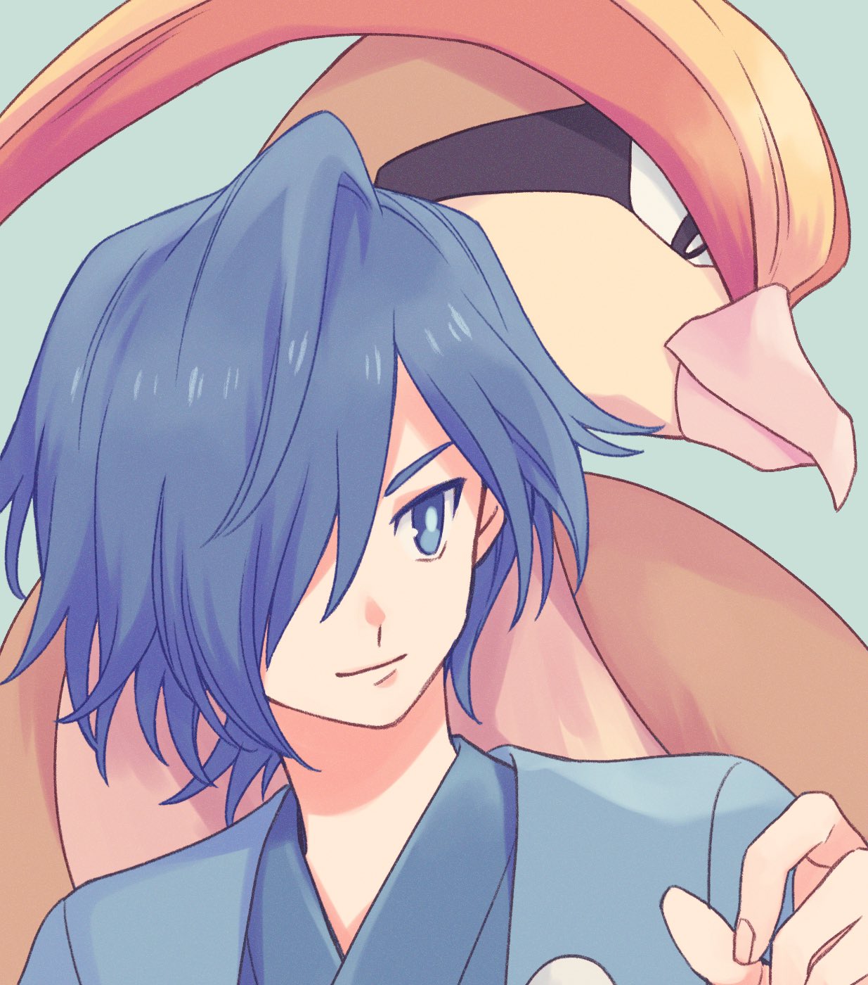 1boy bird blue_eyes blue_hair bright_pupils closed_mouth commentary_request falkner_(pokemon) green_background hair_over_one_eye hand_up highres jacket japanese_clothes kimono komasawa_(fmn-ppp) looking_to_the_side male_focus open_clothes open_jacket pidgeot pokemon pokemon_(creature) pokemon_(game) pokemon_hgss short_hair smile