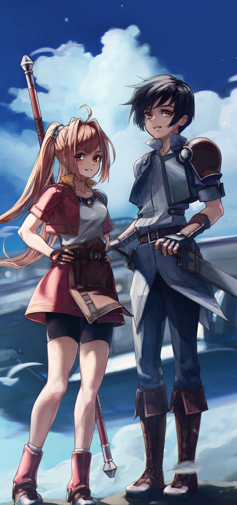 1boy 1girl ahoge black_hair blue_sky bob_cut boots brown_hair cloud cropped_jacket eiyuu_densetsu estelle_bright full_body hair_between_eyes highres holding holding_staff holding_weapon inverted_bob joshua_bright madou_zakura outdoors red_eyes red_hair sidelocks sky smile sora_no_kiseki staff sword twintails weapon yellow_eyes