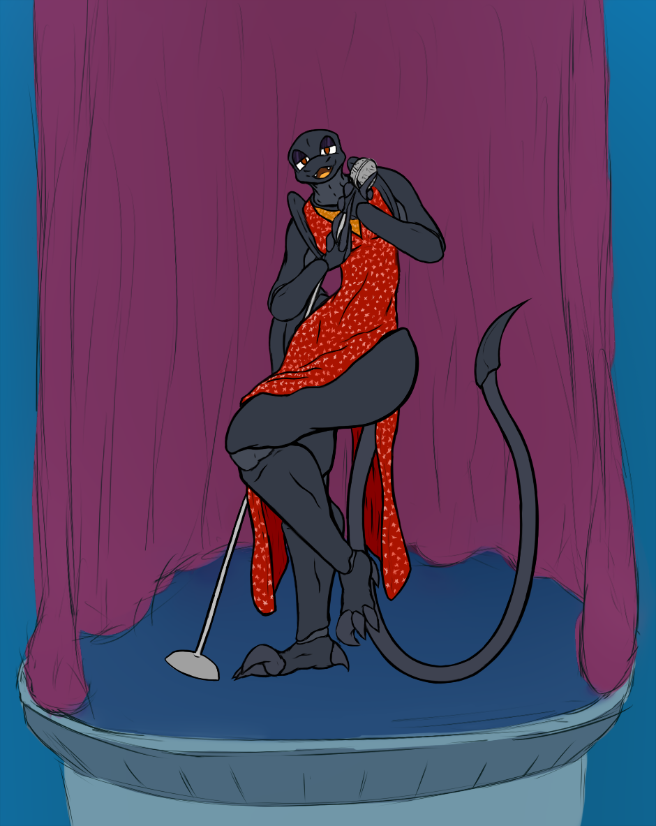 anthro axentooth bedroom_eyes belly exoskeleton fangs female holding_microphone holding_object larry_(axentooth) long_tail microphone narrowed_eyes navel on_one_leg open_mouth prehensile_tail scalie sclantra seductive singing slim solo stage standing tail teeth