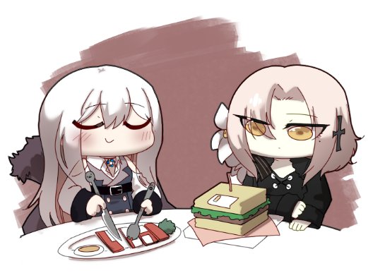 2girls aug_(girls'_frontline) black_jacket blonde_hair blush bread broccoli chibi closed_eyes closed_mouth commentary cross_hair_ornament cutting egg_(food) expressionless eyes_visible_through_hair floppy_disk flower food fur_trim girls'_frontline hair_between_eyes hair_flower hair_ornament hair_over_one_eye holding holding_knife holding_spork jacket kar98k_(girls'_frontline) knife lettuce long_hair long_sleeves madcore multiple_girls plate sandwich simple_background smile square table u_u what white_hair yellow_eyes