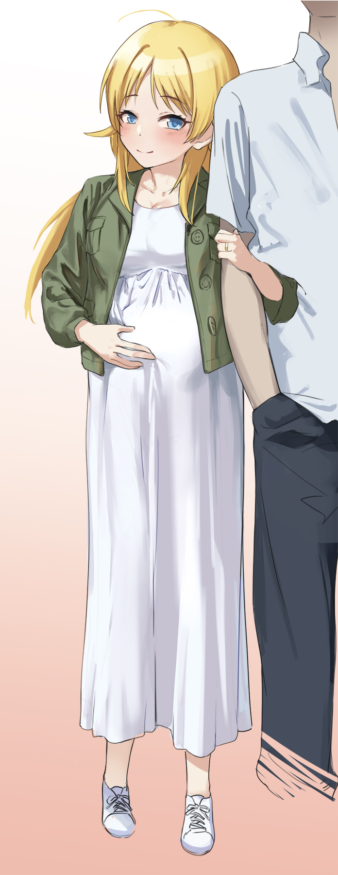 1boy 1girl arm_hug blonde_hair blue_eyes blush breasts cleavage collarbone dress full_body gradient_background green_jacket hachimiya_meguru hand_on_own_stomach hetero highres idolmaster idolmaster_shiny_colors jacket kumanomi large_breasts long_dress looking_at_viewer pregnant simple_background smile solo_focus white_dress