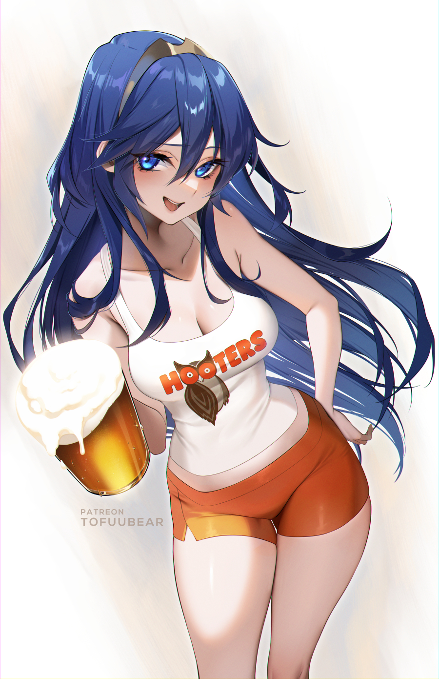 1girl bare_shoulders beer_mug blue_eyes blue_hair breasts cleavage collarbone commentary cup fire_emblem fire_emblem_awakening hair_between_eyes highres hooters long_hair looking_at_viewer lucina_(fire_emblem) medium_breasts mug no_legwear open_mouth orange_shorts short_shorts shorts sidelocks smile solo symbol-only_commentary thighs tiara tofuubear