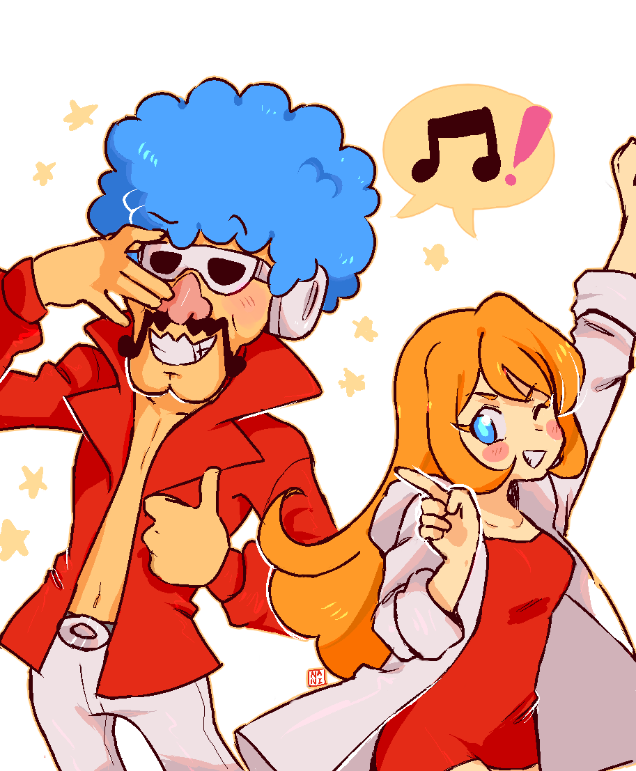 ! 1boy 1girl afro arm_up belt big_nose blue_eyes blue_hair blush_stickers clenched_hand collarbone collared_jacket cutie-png denim dress eyelashes facial_hair grey_belt hand_on_eyewear headphones hood hooded_jacket jacket jeans jimmy_t long_hair long_sleeves mona_(warioware) musical_note mustache nintendo no_shirt one_eye_closed orange_hair pants pointing red_dress red_jacket shared_speech_bubble short_dress sidelocks smile speech_bubble spoken_exclamation_mark spoken_musical_note star_(symbol) straight_hair sunglasses teeth thumbs_up triangular_eyewear v-shaped_eyebrows warioware wavy_eyebrows white-framed_eyewear white_background white_headphones white_jacket white_pants