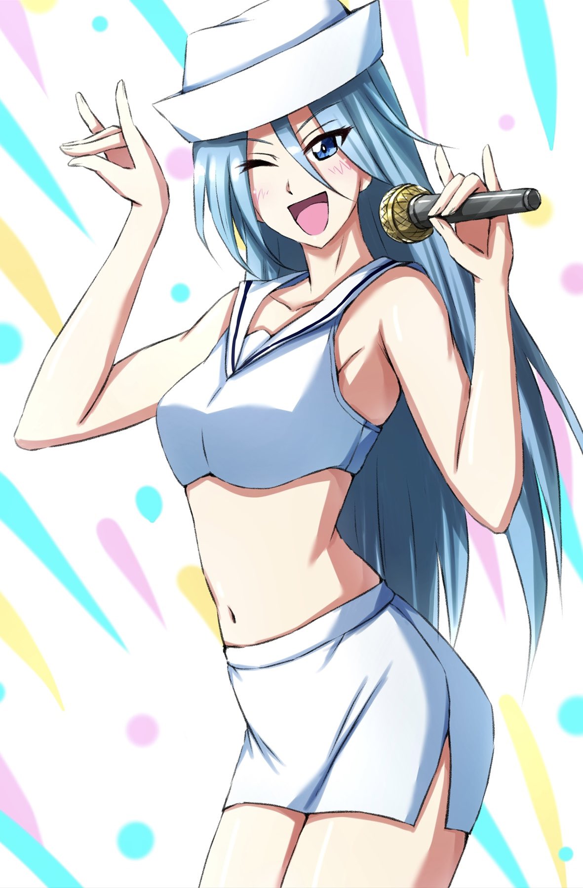 1girl ;d blue_eyes casual cowboy_shot cropped_shirt dixie_cup_hat double_fox_shadow_puppet flint_(girls_und_panzer) fox_shadow_puppet grey_hair hat highres holding holding_microphone long_hair looking_at_viewer microphone midriff military_hat miniskirt navel omachi_(slabco) one_eye_closed open_mouth pencil_skirt sailor_collar shirt side_slit skirt sleeveless sleeveless_shirt smile solo standing tilted_headwear white_sailor_collar white_shirt white_skirt