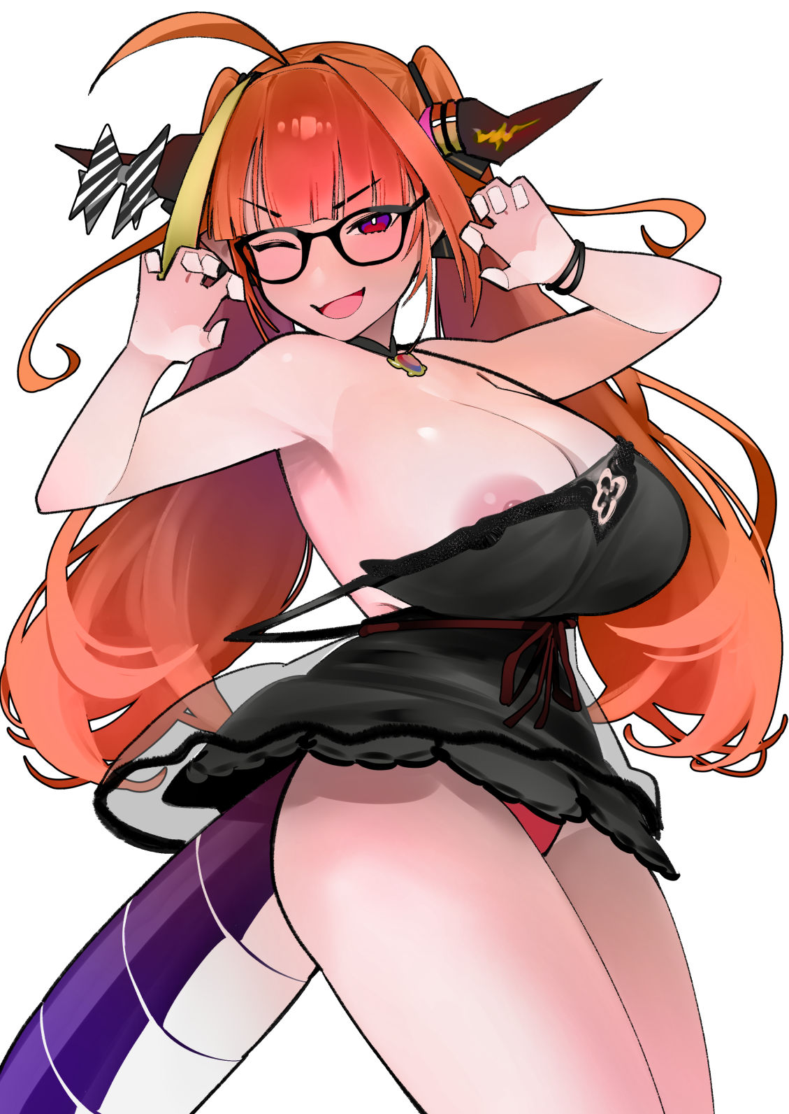 1girl ahoge armpits blonde_hair bow breasts dismassd dragon_girl dragon_horns dragon_tail glasses highres hololive horn_bow horn_ornament horns kiryu_coco large_breasts long_hair looking_at_viewer multicolored_hair nipple_slip nipples one_eye_closed open_mouth orange_hair panties pointy_ears red_eyes red_panties sleepwear smile solo streaked_hair tail underwear virtual_youtuber