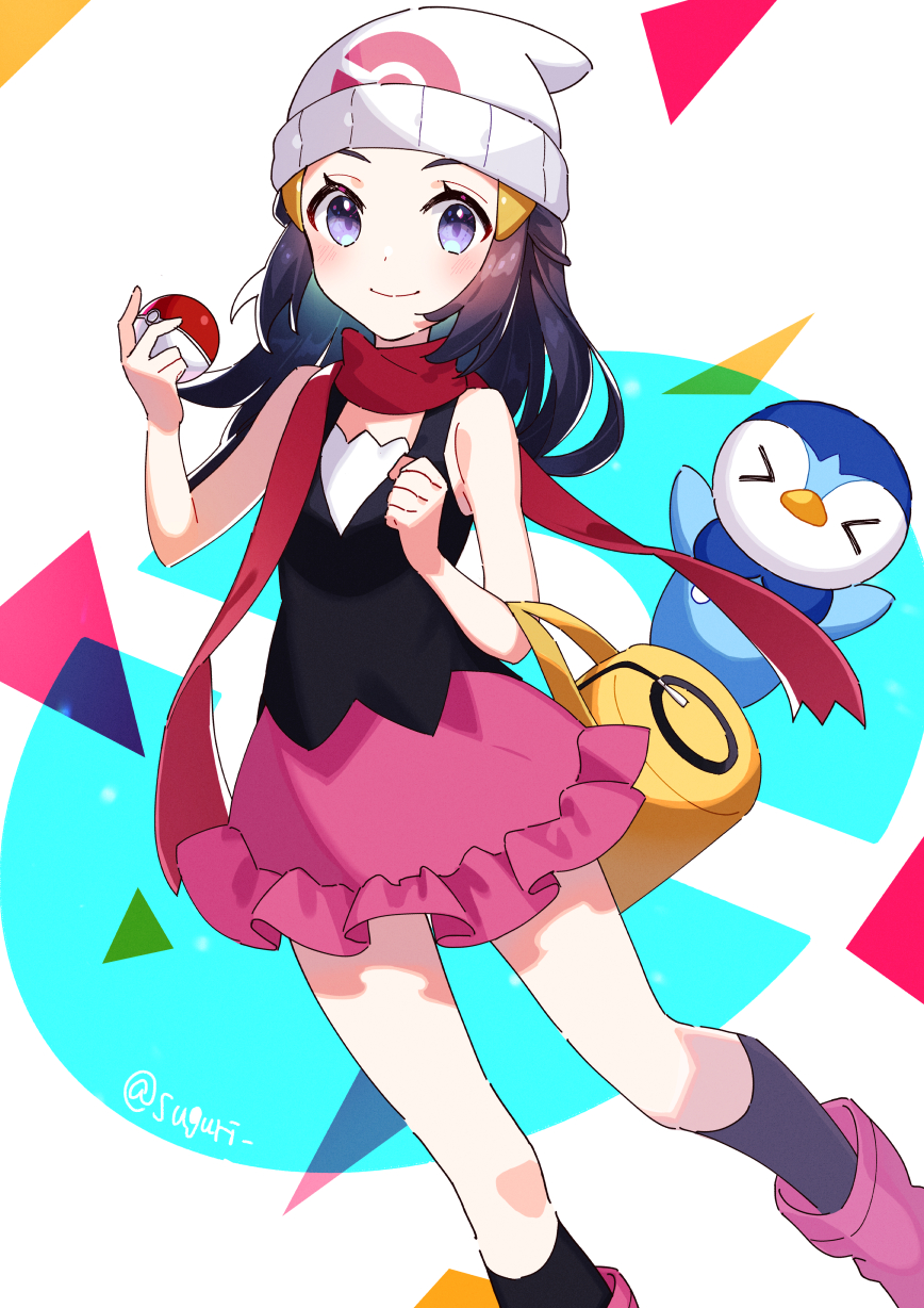 &gt;_&lt; 1girl bag beanie black_hair black_shirt black_socks blue_eyes boots choco_holic closed_mouth dawn_(pokemon) hair_ornament hairclip handbag hands_up hat highres holding holding_poke_ball kneehighs long_hair pink_footwear pink_skirt piplup poke_ball poke_ball_print poke_ball_symbol pokemon pokemon_(creature) pokemon_(game) pokemon_dppt red_scarf scarf shirt skirt sleeveless sleeveless_shirt smile socks twitter_username white_headwear yellow_bag