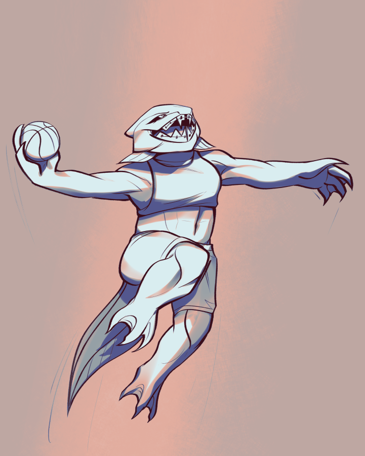 anthro ball basketball_(ball) black_sclera bottomwear braces clothing dunkleosteus female fish kleo_devonshire_(million_years_academy) marine open_mouth sharp_teeth shirt shorts solo tank_top teeth tooth_gap topwear wildcardshuffle