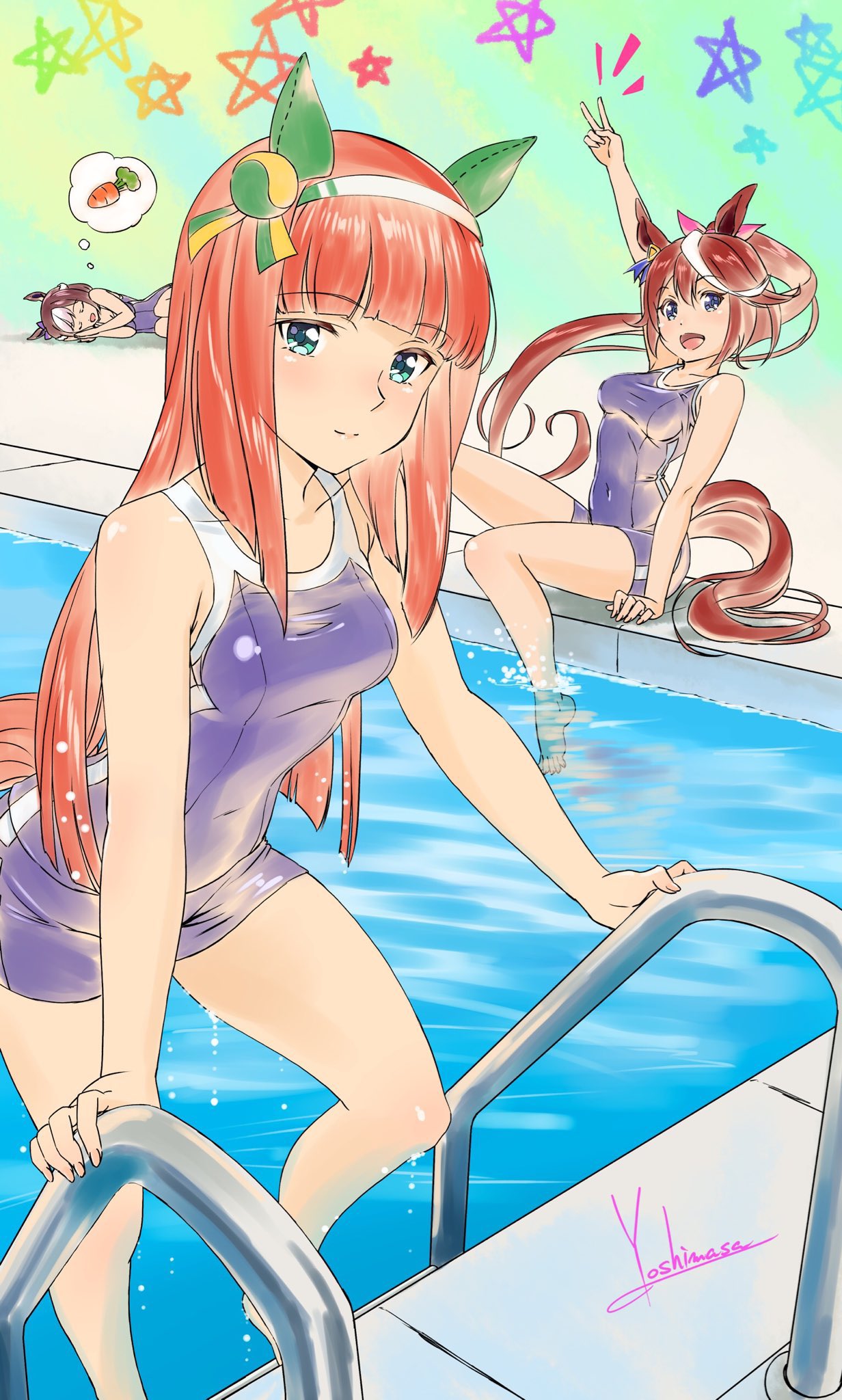 3girls animal_ears arm_up bare_arms bare_shoulders barefoot blue_eyes blue_one-piece_swimsuit breasts brown_hair carrot closed_mouth covered_navel ear_covers green_eyes hairband highres horse_ears horse_girl horse_tail long_hair lying multicolored_hair multiple_girls on_side one-piece_swimsuit open_mouth orange_hair ponytail pool pool_ladder school_swimsuit signature silence_suzuka_(umamusume) sitting sleeping small_breasts smile soaking_feet special_week_(umamusume) star_(symbol) streaked_hair swimsuit tail thought_bubble tokai_teio_(umamusume) tracen_swimsuit umamusume v water yoshinaga_masahiro
