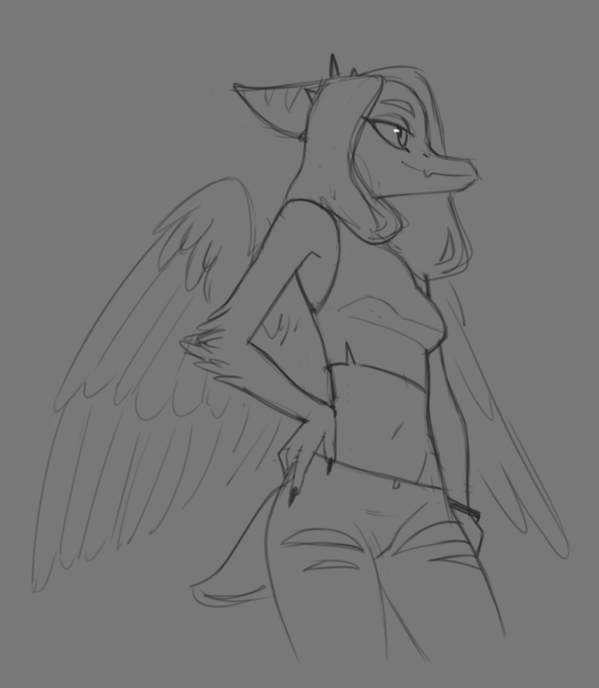 anthro bottomwear clothed clothing dinosaur fang_(gvh) feathered_wings feathers female goodbye_volcano_high grey_background hair half-closed_eyes hand_on_hip long_hair long_snout monochrome narrowed_eyes navel pants pterodactylus pterosaur reptile scalie simple_background sketch snoot_game_(fan_game) snout solo torn_bottomwear torn_clothing torn_pants unknown_artist wings