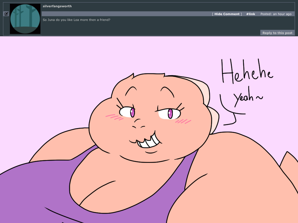 2018 4:3 anthro ask_blog batspid2 big_breasts black_eyebrows black_eyelashes blush blush_lines breasts cleavage clothed clothing crop_top dialogue digital_drawing_(artwork) digital_media_(artwork) double_chin english_text eyebrows female flat_colors frill_(anatomy) front_view glistening glistening_eyes head_crest head_frill juna_(batspid2) lizard looking_at_viewer membrane_(anatomy) membranous_frill non-mammal_breasts obese obese_anthro obese_female overweight overweight_anthro overweight_female pink_background pink_body pink_scales purple_clothing purple_eyes purple_topwear raised_eyebrows reptile scales scalie shirt simple_background smile smirk solo tail teeth text three-quarter_view topwear
