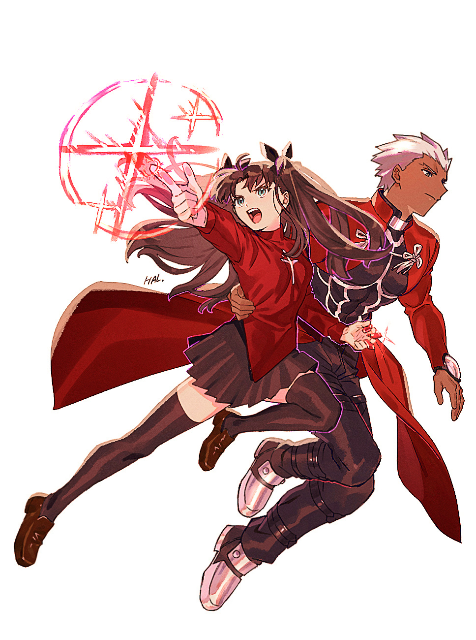 1boy 1girl archer_(fate) black_pants black_shirt black_skirt black_thighhighs brown_footwear brown_hair closed_mouth coat dark-skinned_male dark_skin dynamic_pose fate/stay_night fate_(series) finger_gun frown gem green_eyes hal_(haaaalhal) hand_on_another's_waist highres long_hair long_sleeves magic pants pectorals red_coat red_gemstone red_sweater shirt short_hair skirt socks steel-toe_boots sweater thighhighs tohsaka_rin twintails white_hair white_socks