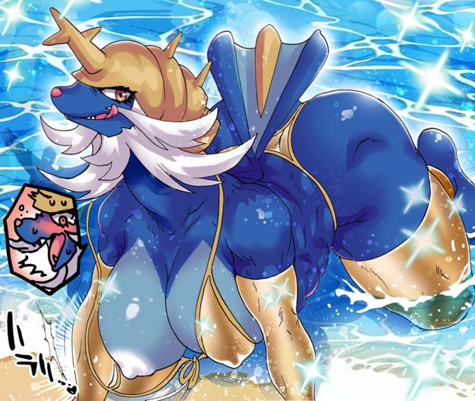 &lt;3 aisaredogtoneko all_fours anthro areola bikini biped blush breasts brown_eyes clothing female generation_5_pokemon japanese_text nintendo nipple_outline nipples open_mouth partially_submerged pokemon pokemon_(species) samurott solo swimwear text tongue tongue_out wardrobe_malfunction