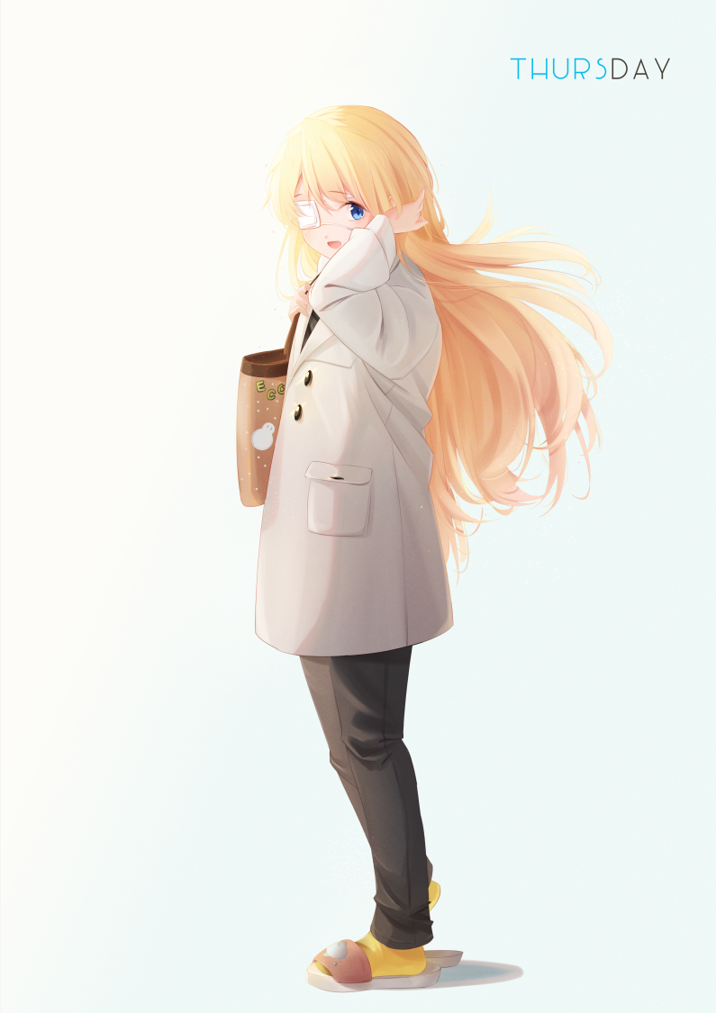 1girl :d adjusting_hair alternate_costume alternate_hairstyle bag black_pants brown_bag casual coat commentary_request eyepatch floating_hair from_side full_body grey_coat hair_between_eyes hair_down hand_up handbag long_hair long_sleeves looking_at_viewer nakatsu_shizuru one_eye_covered open_mouth pants rewrite simple_background slippers smile socks solo tagame_(tagamecat) very_long_hair white_background yellow_socks