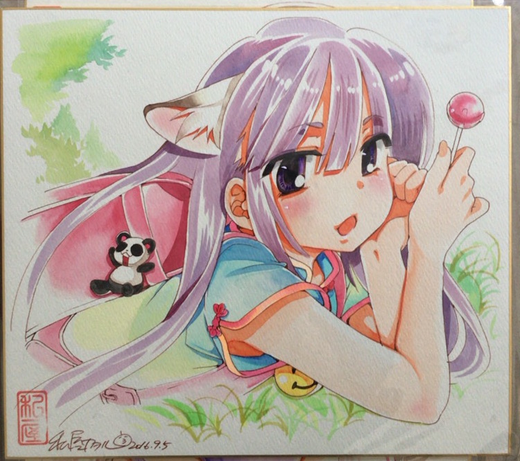 1girl animal_ear_fluff animal_ears backpack bag blush candy cat_ears charm_(object) china_dress chinese_clothes dress food head_rest holding holding_candy holding_food holding_lollipop kagami_kuro kodomo_no_jikan lollipop long_hair looking_at_viewer lying on_stomach open_mouth painting_(medium) panda photo_(medium) purple_eyes purple_hair randoseru red_bag shikishi short_sleeves solo traditional_media upper_body watashiya_kaworu watercolor_(medium)