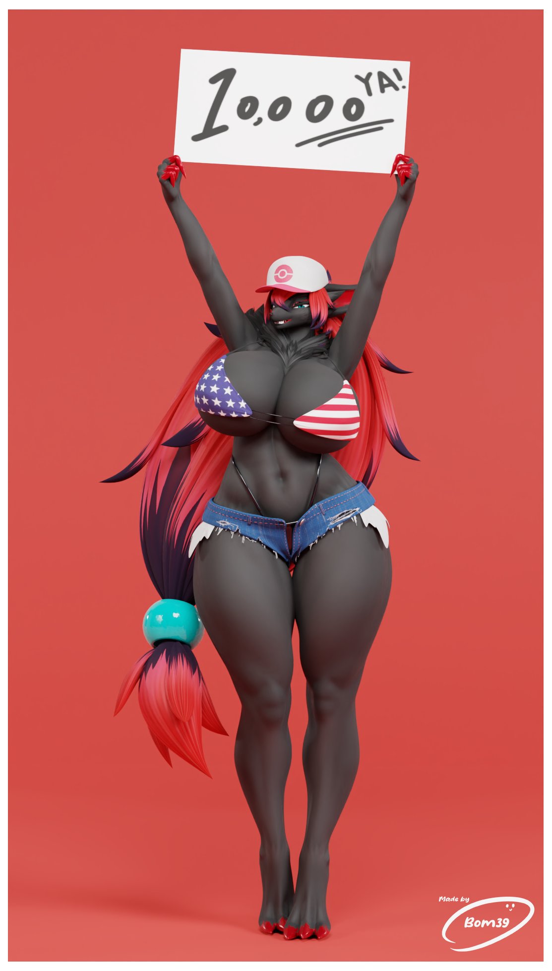 3_toes 3d_(artwork) american_flag_bikini anthro bedroom_eyes bikini bikini_top black_and_red_hair black_clothing black_thong black_underwear bom39 border bottomwear claws clothed clothing cutoffs dark_body dark_fur denim denim_clothing digital_media_(artwork) feet female fur generation_5_pokemon hat headgear headwear hi_res holding_object holding_sign looking_at_viewer narrowed_eyes navel nintendo pokemon pokemon_(species) raised_arm red_background red_claws seductive shorts sign signature simple_background skimpy skimpy_bottomwear smile smiling_at_viewer solo standing_on_toes stars_and_stripes swimwear thick_thighs thong toes toned_legs toned_thighs torn_bottomwear torn_clothing underwear united_states_of_america watermark white_border wide_hips zoroark