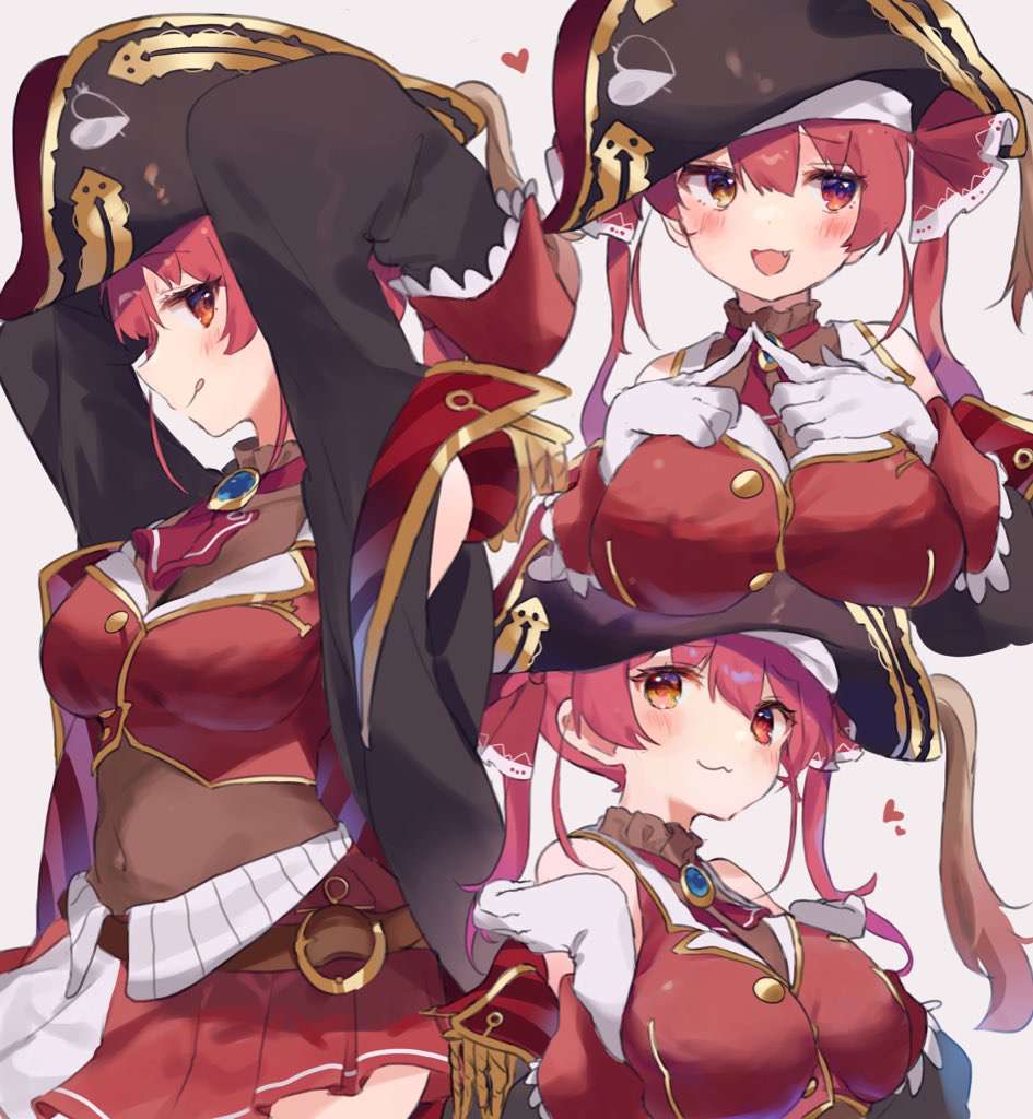 1girl blue_gemstone blush breasts commentary covered_navel cropped_jacket gem gloves hat heterochromia hololive houshou_marine houshou_marine_(1st_costume) index_fingers_together jacket large_breasts leotard leotard_under_clothes multiple_views o_(jshn3457) pirate_hat pleated_skirt red_eyes red_hair red_jacket red_skirt skirt sleeveless sleeveless_jacket symbol-only_commentary virtual_youtuber white_gloves yellow_eyes