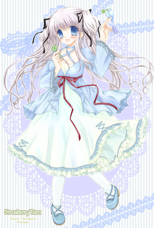 1girl :d animal artist_name bird black_ribbon blue_choker blue_eyes blue_footwear blue_jacket breasts choker cleavage clover collarbone criss-cross_halter dress four-leaf_clover frilled_dress frilled_sleeves frills full_body grey_hair hair_ribbon halterneck holding_clover jacket lace_background long_sleeves mabinogi medium_breasts nao_(mabinogi) official_alternate_costume open_mouth pantyhose red_ribbon ribbon ribbon-trimmed_sleeves ribbon_trim shararan shoes sidelocks smile solo twintails white_dress white_pantyhose