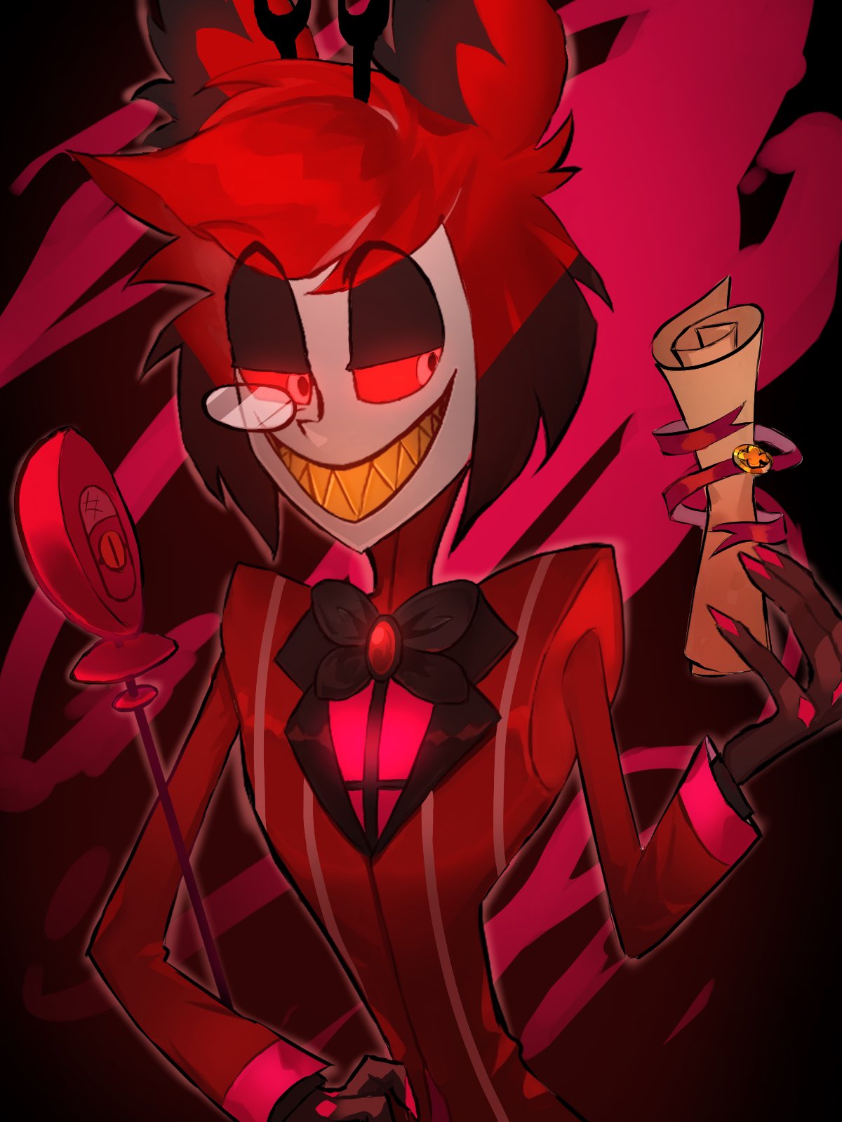 1boy 55mo3 alastor_(hazbin_hotel) blood blood_splatter bow bowtie brooch cane colored_sclera contract demon demon_boy formal grin hazbin_hotel highres holding holding_cane jacket jewelry male_focus monocle paper red_background red_eyes red_hair red_sclera red_theme sharp_teeth simple_background smile splatter_background suit teeth yellow_teeth