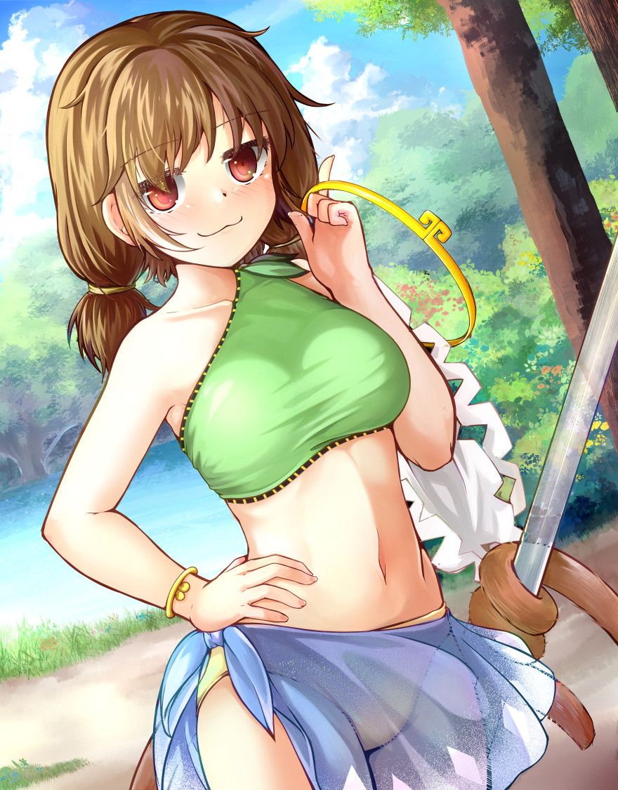 1girl :3 adworse alternate_costume bare_arms bare_shoulders bikini blue_sarong blue_sky blush bracelet breasts brown_hair bush circlet cloud cowboy_shot day dress dutch_angle flower foliage forest grass green_bikini green_dress hand_on_own_hip holding holding_with_tail index_finger_raised jewelry jitome lake low_twintails medium_breasts midriff mismatched_bikini monkey_girl monkey_tail nature navel outdoors prehensile_tail red_eyes ruyi_jingu_bang sarong see-through see-through_sarong short_twintails single-shoulder_bikini single_wide_sleeve sky smile solo son_biten standing swimsuit tail touhou tree twintails yellow_bikini