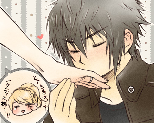 1boy 1girl black_hair black_jacket black_shirt blonde_hair blush chibi chibi_inset closed_eyes commentary_request couple cropped_head ear_blush final_fantasy final_fantasy_xv hair_between_eyes happy_tears heart high_ponytail holding_hands jacket jewelry kiss kissing_hand lowres lunafreya_nox_fleuret noctis_lucis_caelum ring shirt single_tear sobagaki_shinyo speech_bubble swept_bangs tears translation_request triangle_mouth upper_body