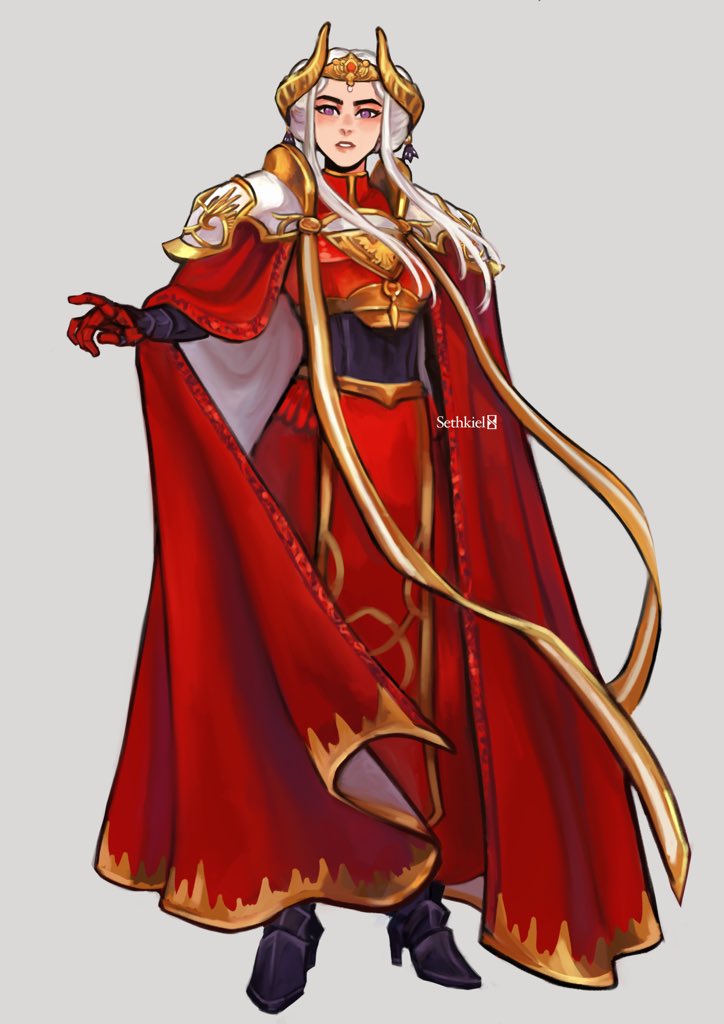 1girl armor armored_boots armored_dress artist_name boots breastplate edelgard_von_hresvelg fire_emblem fire_emblem:_three_houses full_body grey_background high_heel_boots high_heels parted_lips purple_eyes sethkiel simple_background solo standing teeth white_hair