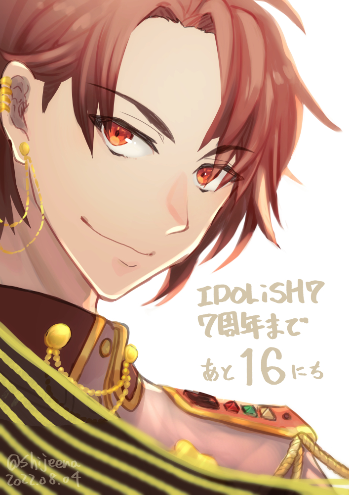 1boy closed_mouth copyright_name ear_piercing earrings idolish7 jewelry male_focus military_uniform nanase_riku piercing red_eyes red_hair ryonmaru short_hair simple_background smile solo uniform upper_body white_background