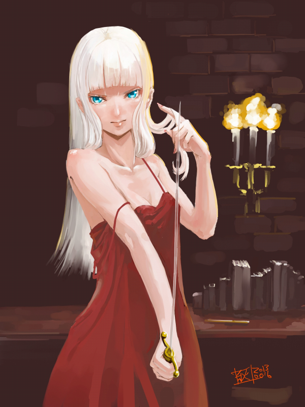 1girl blue_eyes blunt_bangs book candle candlelight candlestand chitose_shuusui dated holding holding_sword holding_weapon indoors long_hair looking_at_viewer nightgown original pen sidelocks signature solo sword weapon white_hair