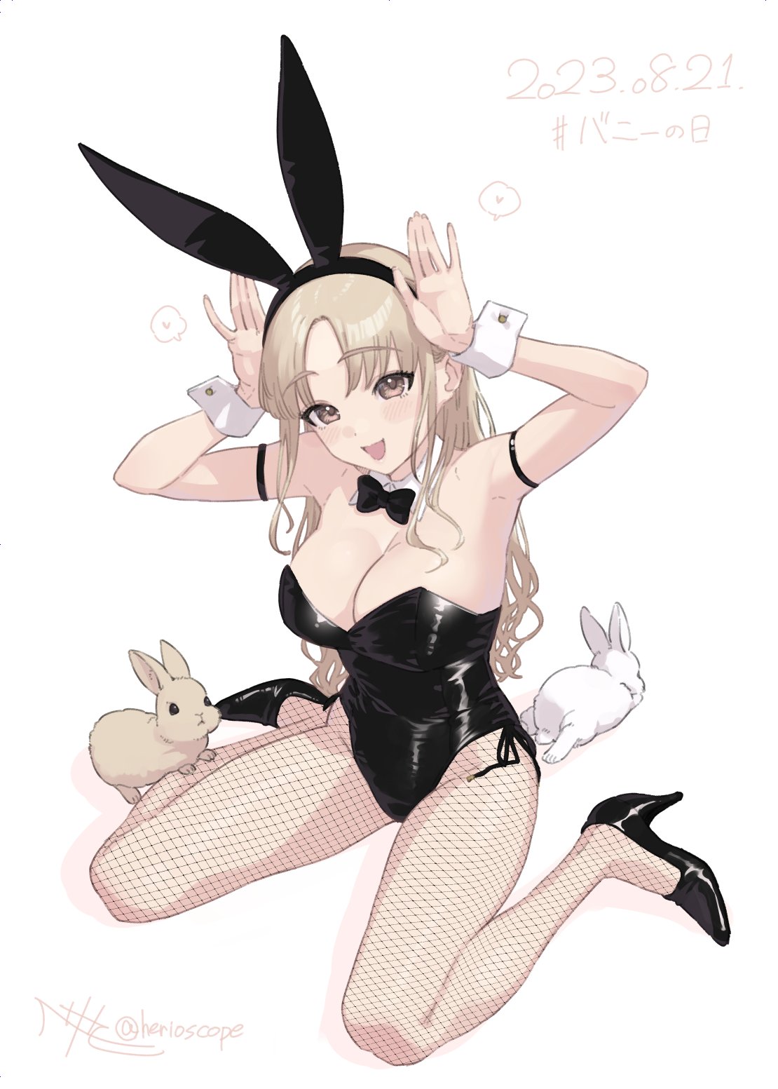 1girl animal_ears arm_strap black_footwear black_hairband black_leotard black_pantyhose blush breasts brown_eyes bunny_day choppy_bangs cleavage dated detached_collar fake_animal_ears fishnet_pantyhose fishnets full_body groin hairband herio high_heels highleg highleg_leotard highres large_breasts leotard light_brown_hair long_hair looking_at_viewer nijisanji open_mouth pantyhose parted_bangs playboy_bunny pumps rabbit_ears signature sister_cleaire sitting small_breasts smile solo straight_hair strapless strapless_leotard twitter_username virtual_youtuber wariza white_background wing_collar wrist_cuffs