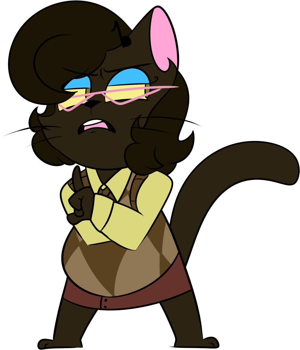 2016 alpha_channel anthro barefoot biped black_nose black_whiskers blue_eyeshadow bottomwear brown_bottomwear brown_clothing brown_ears brown_hair brown_skirt brown_tail brown_topwear brown_tuft brown_vest cadence_bonaventura cat_tail cheek_tuft chokovit_(artist) chubby_anthro chubby_female clothed clothed_anthro clothed_female clothing colored crossed_arms digital_drawing_(artwork) digital_media_(artwork) domestic_cat eyeshadow eyewear facial_tuft feet felid feline felis female front_view full-length_portrait fur glasses green_eyes hair long_tail looking_aside makeup mammal pink_eyewear pink_glasses pink_inner_ear pink_tongue portrait prick_ears shirt simple_background skirt slightly_chubby solo standing tail tongue topwear transparent_background tuft vest whiskers yellow_clothing yellow_sclera yellow_shirt yellow_topwear york_chocolate