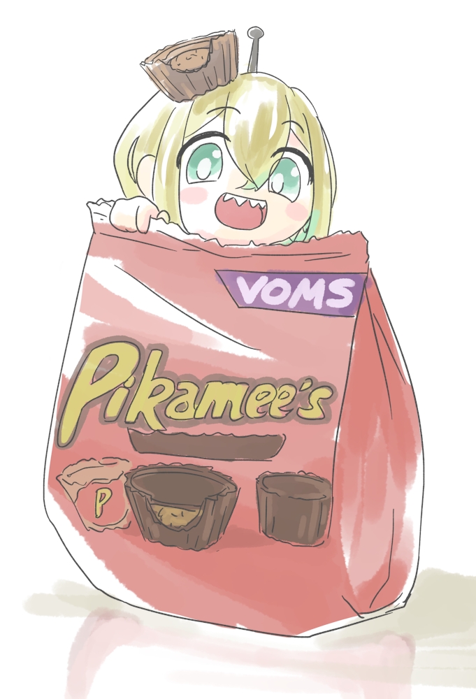 :d amano_pikamee bag black_hairband blonde_hair blush_stickers brand_name_imitation bright_pupils character_name chocolate colored_inner_hair copyright_name food food_on_head green_eyes green_hair hair_between_eyes hairband in_bag in_container looking_at_viewer minigirl multicolored_hair object_on_head reese's reese's_cups simple_background smile tianpin_lukou two-tone_hair virtual_youtuber voms white_background white_pupils