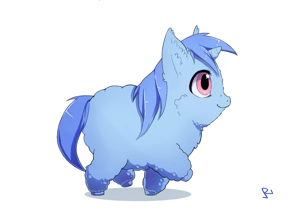 ambiguous_gender animated blue_body blue_fur blue_hair equid equine feral fluffy_pony fur hair horn mammal pink_eyes ranve simple_background solo tail unicorn white_background
