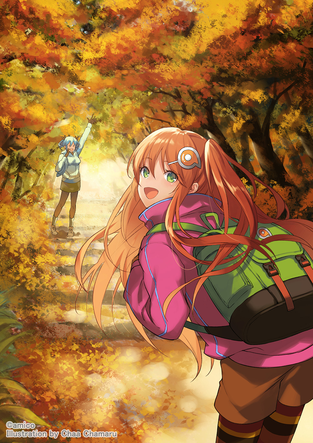 amiami_(company) amico autumn backpack bag black_ribbon blue_hair blue_jacket brown_shorts day green_eyes hair_between_eyes hair_ornament highres jacket leaning_forward lilco long_hair looking_at_viewer looking_back official_art one_side_up open_mouth outdoors pantyhose pink_jacket ribbon shorts skirt stairs standing thighhighs tree twintails yumekui