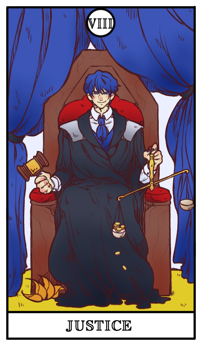 1boy akutoku_no_judgement_(vocaloid) ascot black_robe blue_ascot blue_hair coin collared_shirt curtains evil_smile evillious_nendaiki gallerian_marlon gavel gold_coin hammer highres holding holding_hammer holding_mallet holding_scale judge justice_(tarot) kaito_(vocaloid) looking_at_viewer lorehappy mallet money robe roman_numeral shirt short_hair smile solo tarot throne vocaloid white_shirt