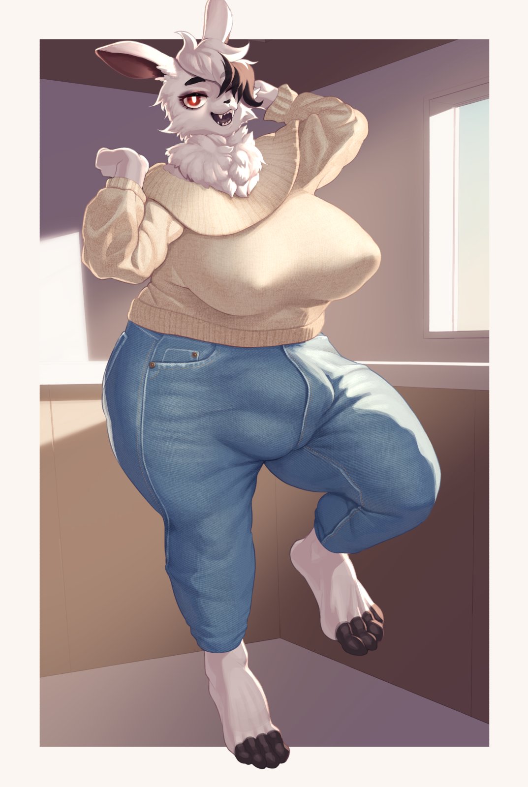 2023 4_toes anthro barefoot big_breasts big_bulge biped black_nose blue_bottomwear blue_clothing blue_pants border bottomwear breasts brown_body brown_fur bulge cheek_tuft clothed clothing colored curvy_figure day denim denim_clothing detailed_background detailed_bulge digital_media_(artwork) eyelashes facial_tuft fangs feet fluffy front_view full-length_portrait fully_clothed fur gynomorph hair hair_over_eye head_tuft hi_res huge_breasts humanoid_feet humanoid_hands inside intersex jeans kemono lagomorph leporid looking_at_viewer mammal monotone_ears morokko multicolored_body multicolored_fur neck_tuft nipple_outline on_one_leg one_eye_obstructed open_mouth open_smile pants plantigrade portrait pupils rabbit red_eyes shaded sharp_teeth smile solo standing sweater tan_clothing tan_sweater tan_topwear teeth thick_thighs three-quarter_view toeless_(marking) toes topwear tuft two_tone_body two_tone_fur voluptuous white_body white_border white_ears white_fur white_pupils wide_hips window