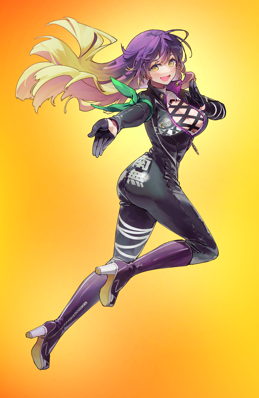 1girl bodysuit boots breasts cleavage commentary_request cross-laced_clothes gloves gradient_hair high_heel_boots high_heels highres hijiri_byakuren large_breasts long_hair looking_at_viewer multicolored_hair namusanbou purple_hair simple_background smile solo syuri22 touhou turbo_byakuren yellow_background