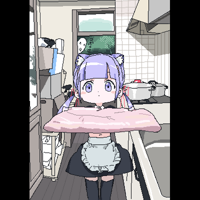 1boy 1girl ^_^ apron black_skirt black_thighhighs blunt_bangs blush_stickers box cardboard_box cat_ear_hairband closed_eyes commentary_request cooking_pot cowboy_shot dot_mouth expressionless food hair_ribbon holding holding_food indoors kitchen lokulo-chan lokulo_no_mawashimono long_hair looking_at_viewer looking_inside low_twintails lowres meat navel open_window original parody photo-referenced pillarboxed pork_belly purple_eyes purple_hair red_ribbon ribbon skirt standing thighhighs twintails waist_apron window wooden_floor