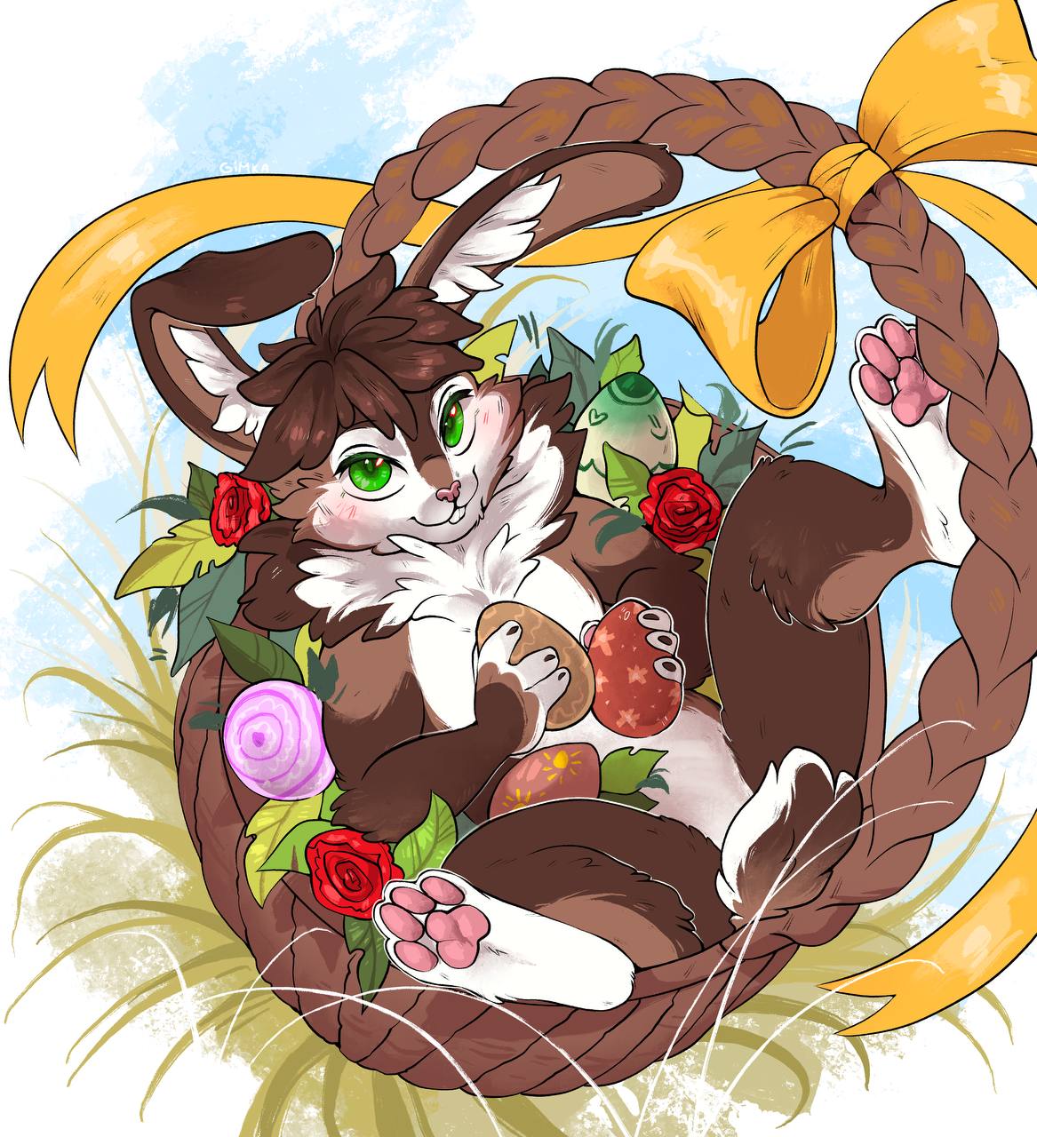 anthro basket blush bow_ribbon brown_body brown_fur chest_tuft cinna_(crimsir) container easter easter_egg egg flower fur gimka green_eyes hi_res holding_egg holding_object holidays lagomorph leporid lying male mammal neck_tuft on_back painted_eggs pawpads plant rabbit rose_(flower) smile solo tail tuft white_body white_fur young