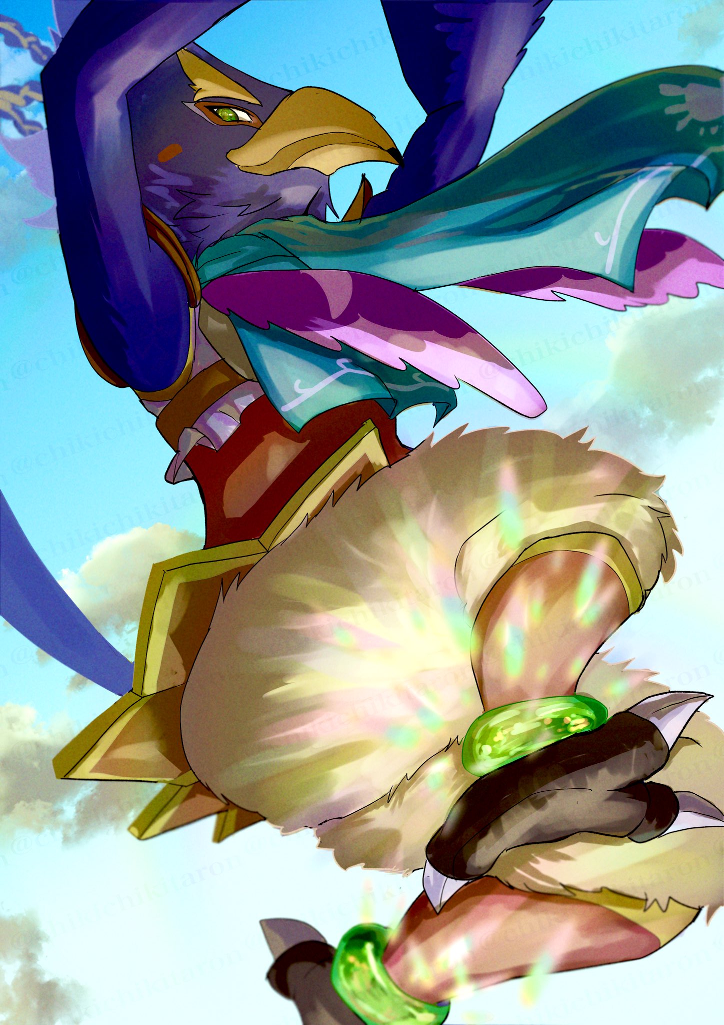 anthro avian beak blue_body blue_feathers braided_hair breath_of_the_wild butt chikichikitaron feathers green_eyes hair hi_res low-angle_view male nintendo revali rito scarf solo the_legend_of_zelda wings