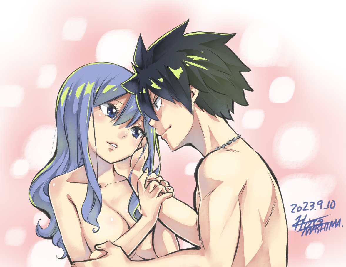 1boy 1girl artist_name black_hair blue_eyes blue_hair breasts closed_mouth collarbone dated fairy_tail gray_fullbuster hair_between_eyes hand_on_another's_cheek hand_on_another's_face hands_on_another's_arm jewelry juvia_lockser long_hair looking_at_another mashima_hiro medium_breasts necklace nude official_art parted_lips pink_background shiny_skin short_hair signature spiked_hair upper_body