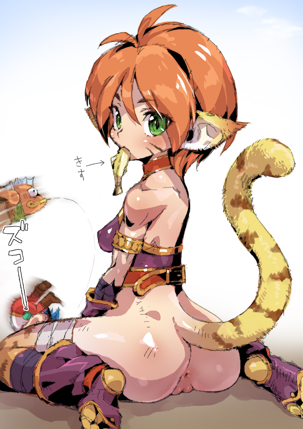 1boy 1girl ahoge animal_ears animal_feet anus armor ass blue_hair bottomless breastplate breasts breath_of_fire breath_of_fire_ii brown_hair claws commentary_request facial_mark feet fish food from_behind green_eyes highres looking_back mouth_hold pants puchidori purple_socks pussy red_pants rinpoo_chuan ryuu_(breath_of_fire_ii) shirt short_hair sitting slit_pupils small_breasts socks soles tail thighs tiger_ears tiger_girl tiger_tail toeless_footwear white_shirt