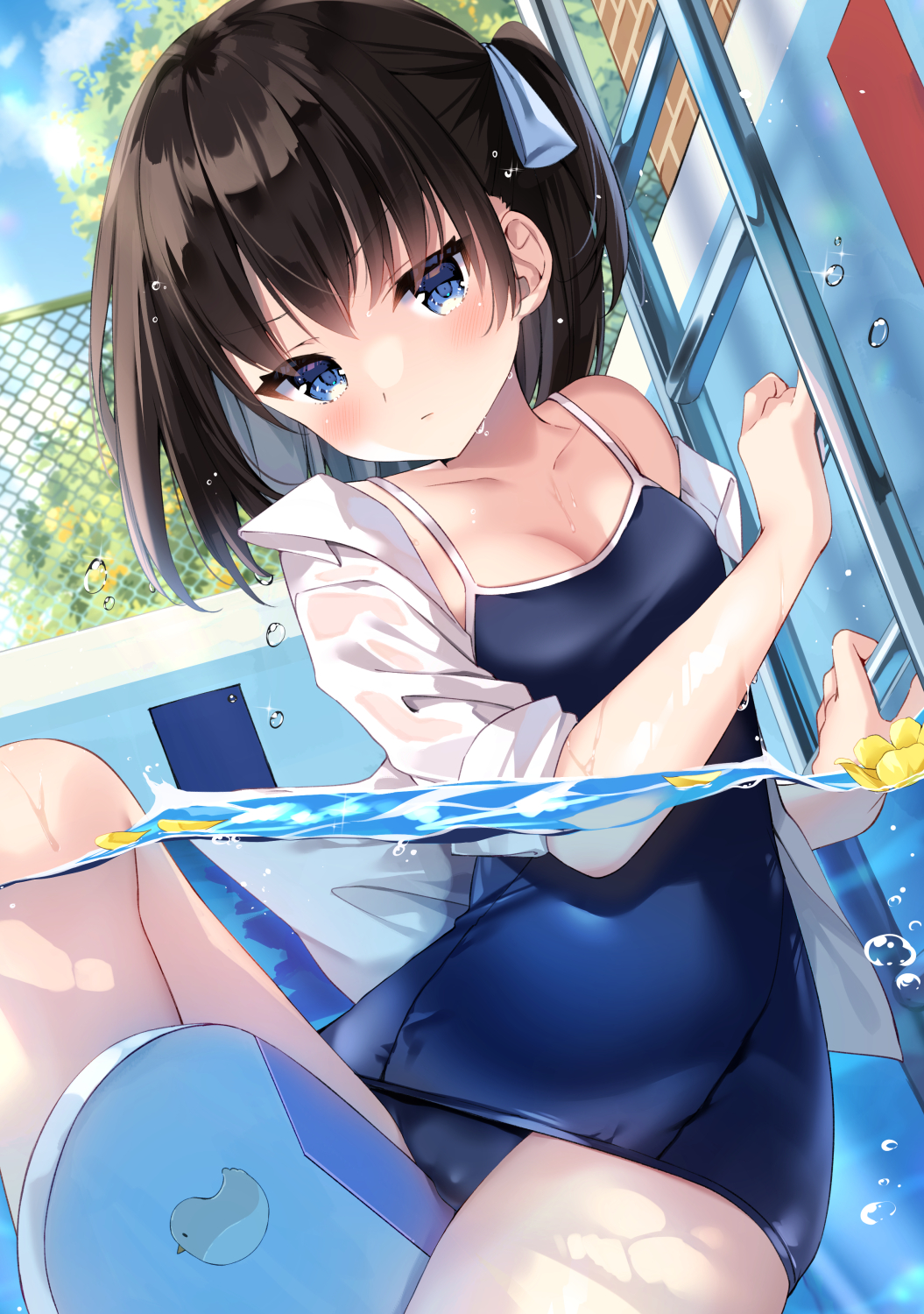 between_breasts black_hair blue_eyes blue_one-piece_swimsuit blush breasts cleavage expressionless highres irori knee_up ladder no_pants off_shoulder one-piece_swimsuit open_clothes open_shirt original partially_submerged pool ribbon school_swimsuit shirt short_hair side_ponytail strap_between_breasts swimsuit swimsuit_under_clothes thighs water wet wet_clothes wet_shirt white_shirt
